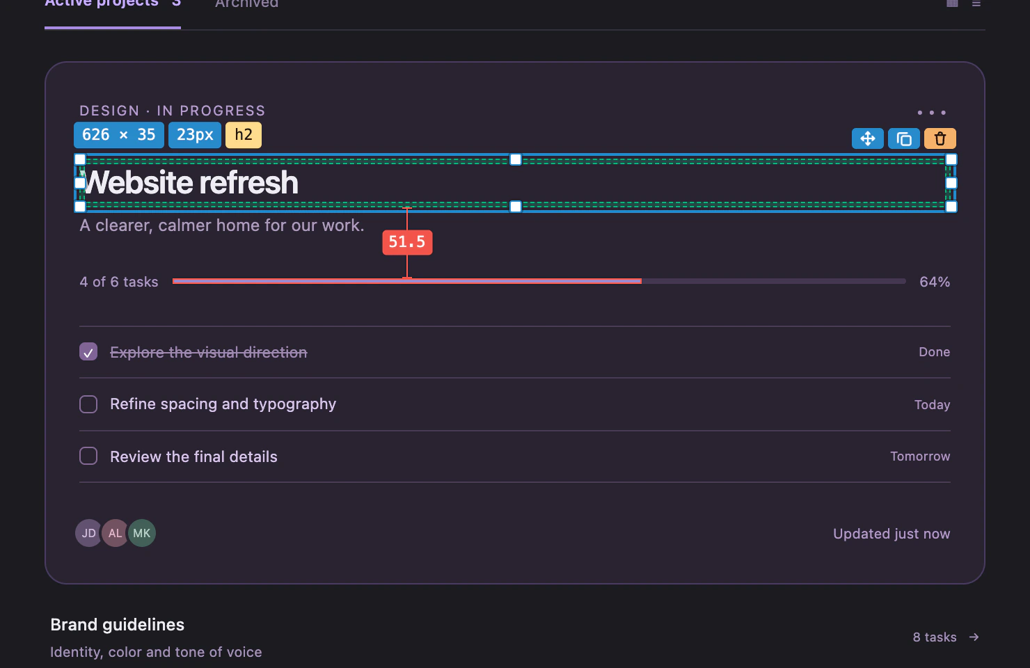 Measure mode: a red line with the distance between the selected heading and the progress bar below it