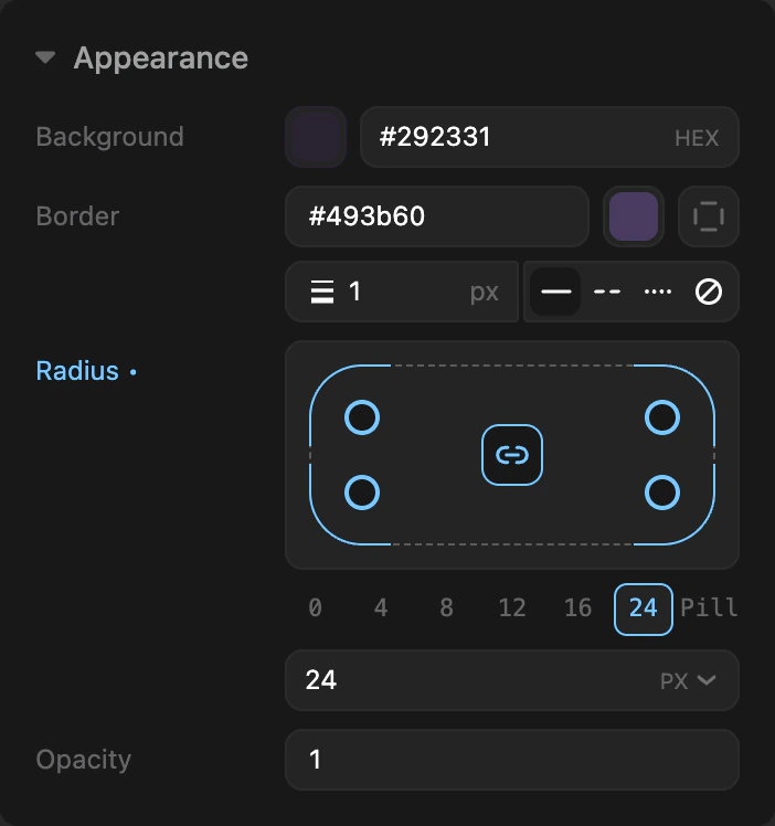 Appearance group: background, a border row with side picker and style, and a corner radius pad with presets