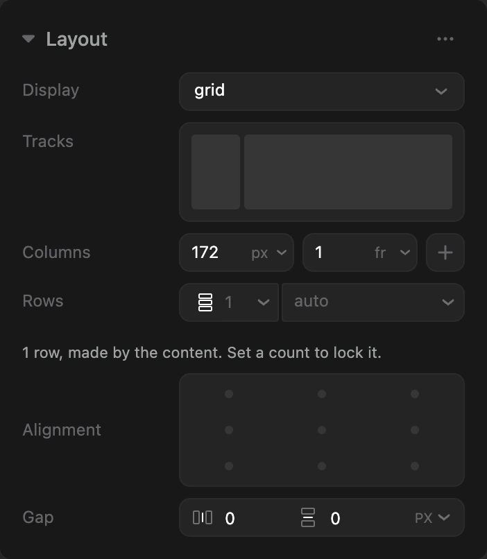 Layout group for a grid container: a map of its tracks, column sizes in px and fr, rows, alignment and gap per axis