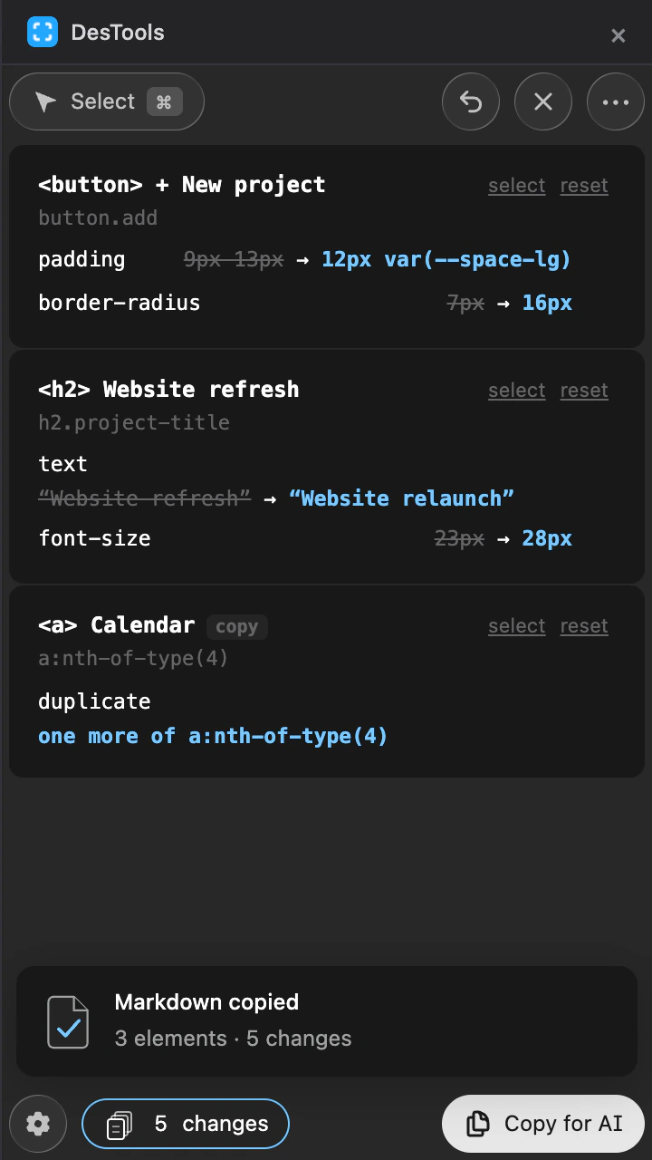 The review list in the panel: five changes across a button, a heading and a duplicated navigation link, with a confirmation that the Markdown was copied